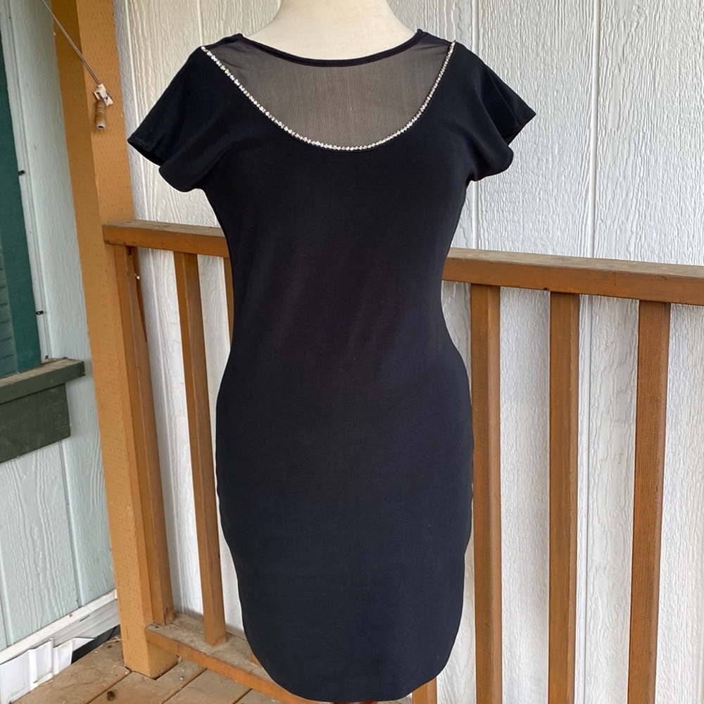 Vintage black and mesh, rhinestone bow back, low back dress USA made size large